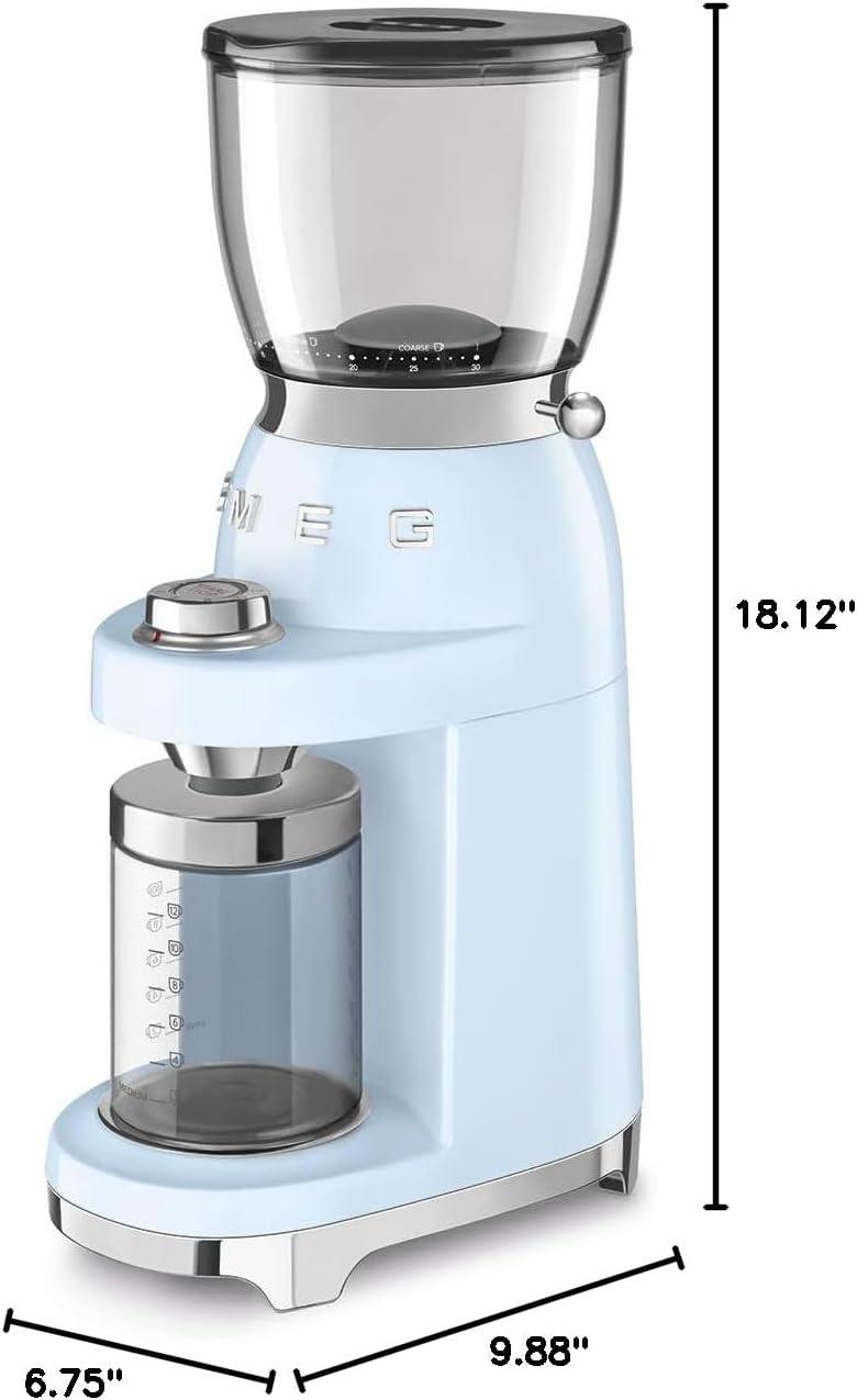 imageSMEG CGF11 RetroStyle Coffee Grinder Burr Mill with 30 Grind Settings Stainless Steel Conical Burrs Removable Hopper Precision Countertop Grinder for Espresso Drip French PressPastel GreenPastel Blue