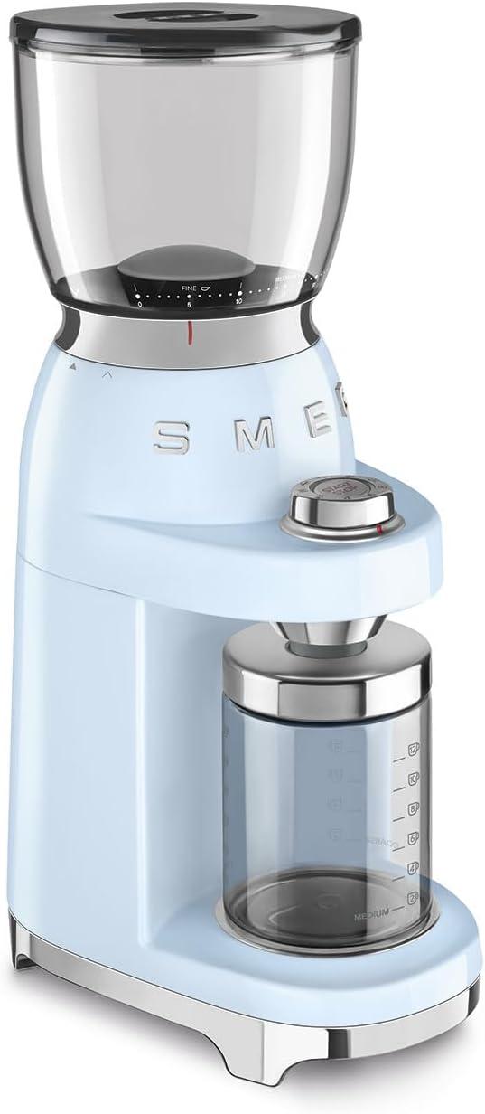 imageSMEG CGF11 RetroStyle Coffee Grinder Burr Mill with 30 Grind Settings Stainless Steel Conical Burrs Removable Hopper Precision Countertop Grinder for Espresso Drip French PressPastel GreenPastel Blue