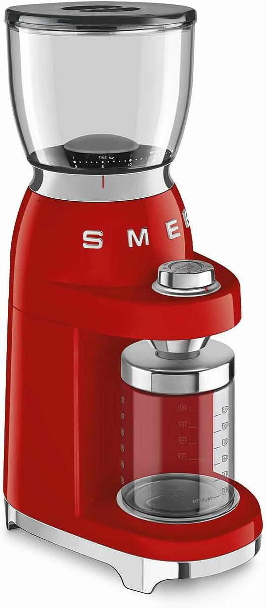 imageSMEG CGF11 RetroStyle Coffee Grinder Burr Mill with 30 Grind Settings Stainless Steel Conical Burrs Removable Hopper Precision Countertop Grinder for Espresso Drip French PressPastel GreenRed