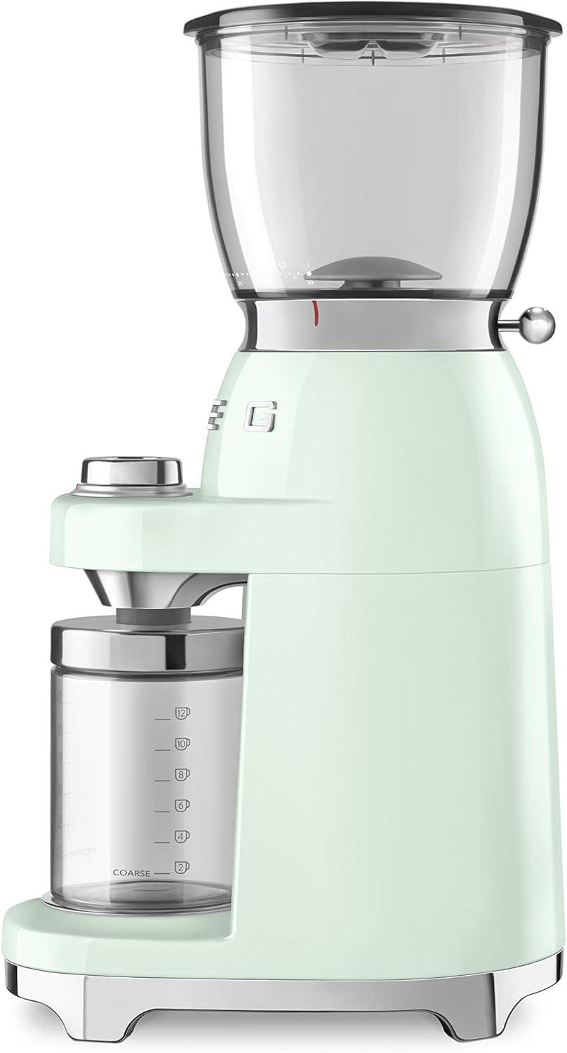 imageSMEG CGF11 RetroStyle Coffee Grinder Burr Mill with 30 Grind Settings Stainless Steel Conical Burrs Removable Hopper Precision Countertop Grinder for Espresso Drip French PressPastel GreenPastel Green