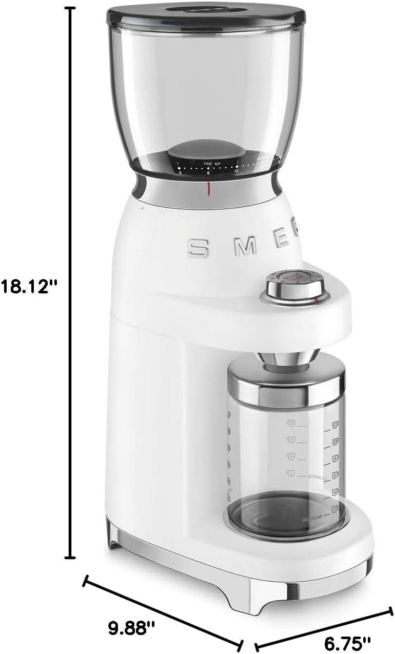 imageSMEG CGF11 RetroStyle Coffee Grinder Burr Mill with 30 Grind Settings Stainless Steel Conical Burrs Removable Hopper Precision Countertop Grinder for Espresso Drip French PressPastel GreenWhite