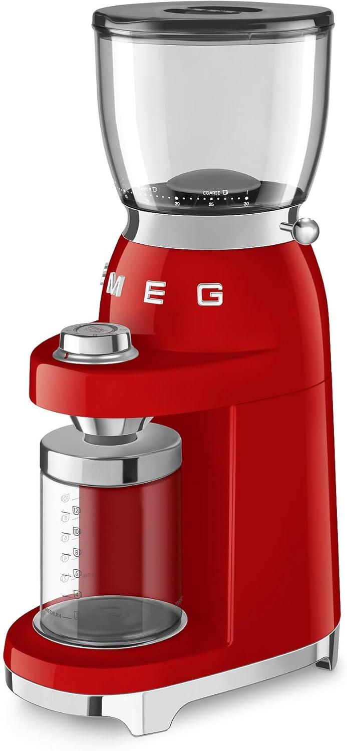 imageSMEG CGF11 RetroStyle Coffee Grinder Burr Mill with 30 Grind Settings Stainless Steel Conical Burrs Removable Hopper Precision Countertop Grinder for Espresso Drip French PressPastel GreenRed