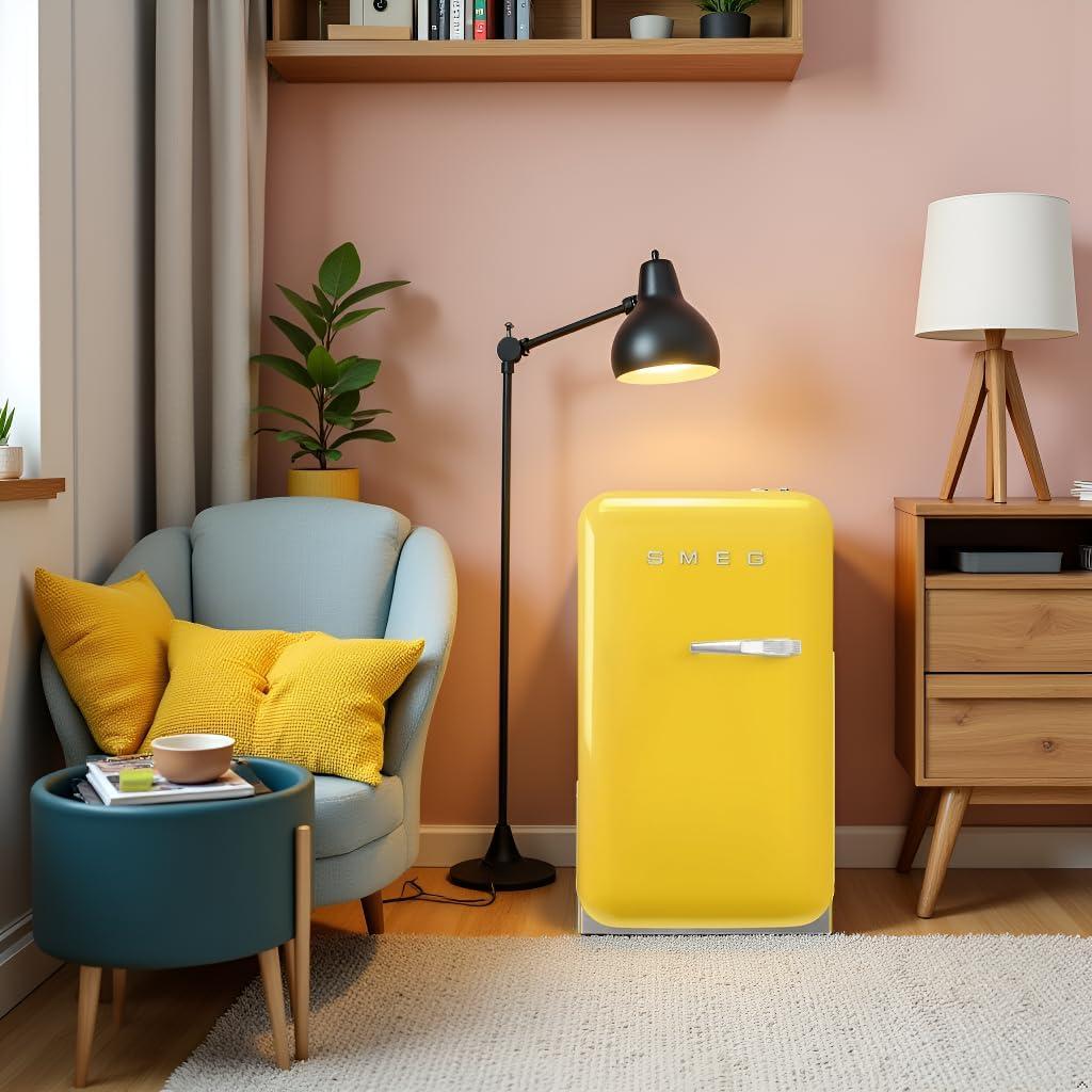 imageSMEG FAB5 Retro Mini Fridge 50s Style Compact Small Refrigerator 12 cu ft Automatic Defrost LED Lighting Adjustable Shelves Made in Italy Perfect for Home Dorm Office Hotel YellowYellow
