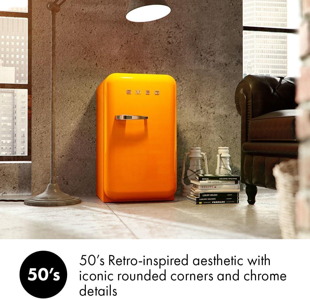 imageSMEG FAB5 Retro Mini Fridge 50s Style Compact Small Refrigerator 12 cu ft Automatic Defrost LED Lighting Adjustable Shelves Made in Italy Perfect for Home Dorm Office Hotel OrangeOrange