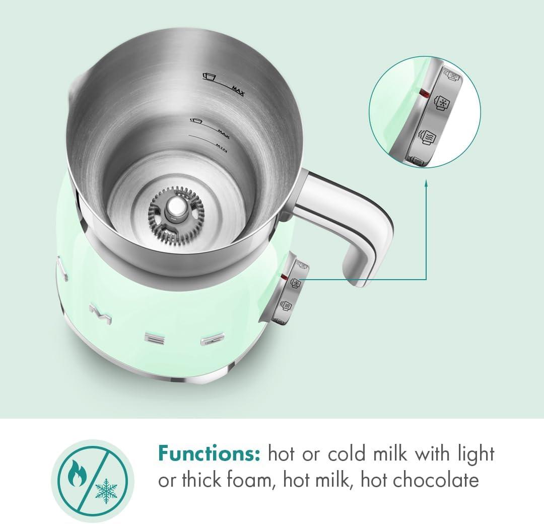 imageSMEG Retro 50s Style Milk Frother with 2 Disks 6 Preset Programs Hot or Cold Frothing and Induction Heating Pastel BluePastel Green