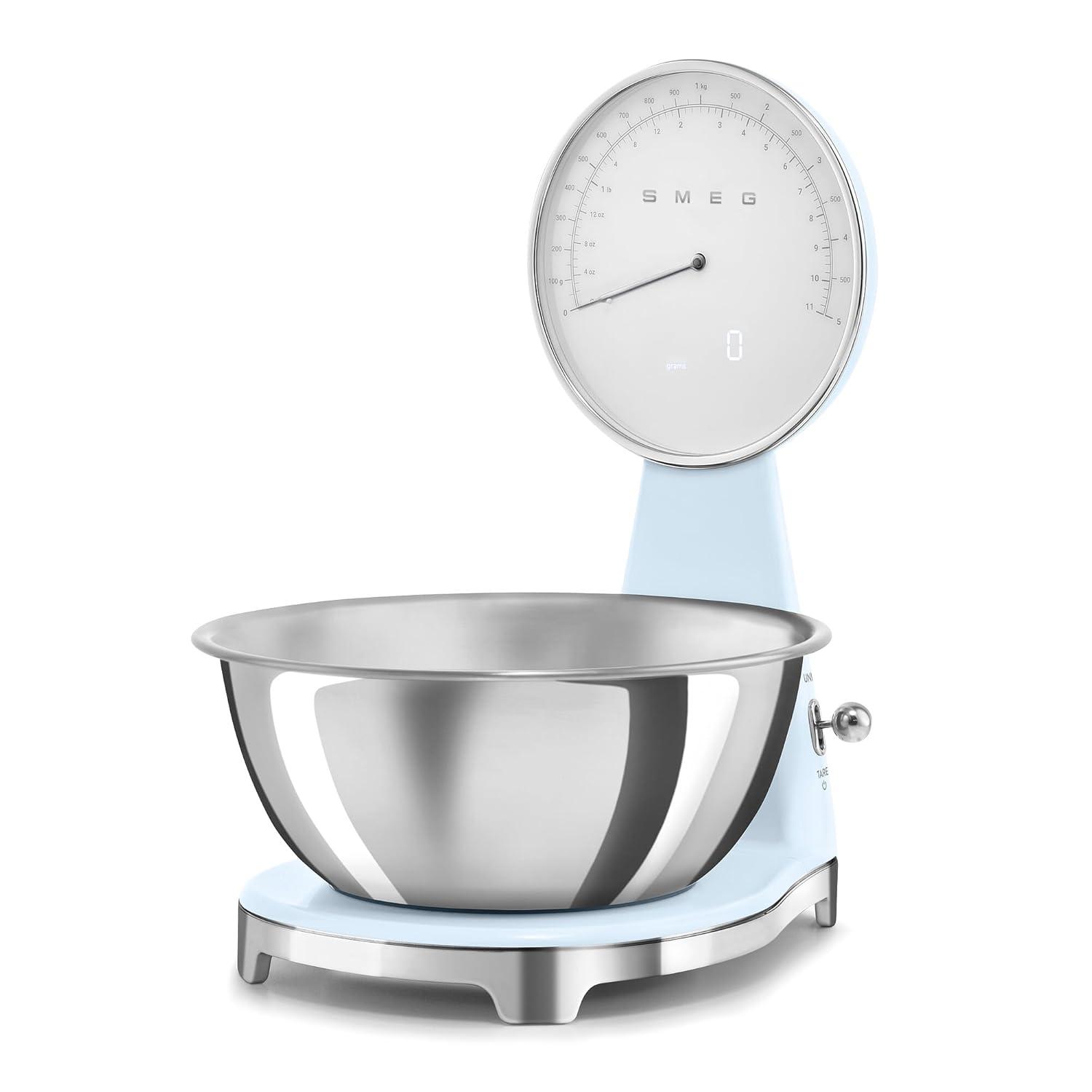 imageSMEG RetroStyle Analog ampamp Digital Kitchen Scale 11 lb Capacity Rechargeable Battery Backlit LCD Display Stainless Steel Bowl CreamPastel Blue