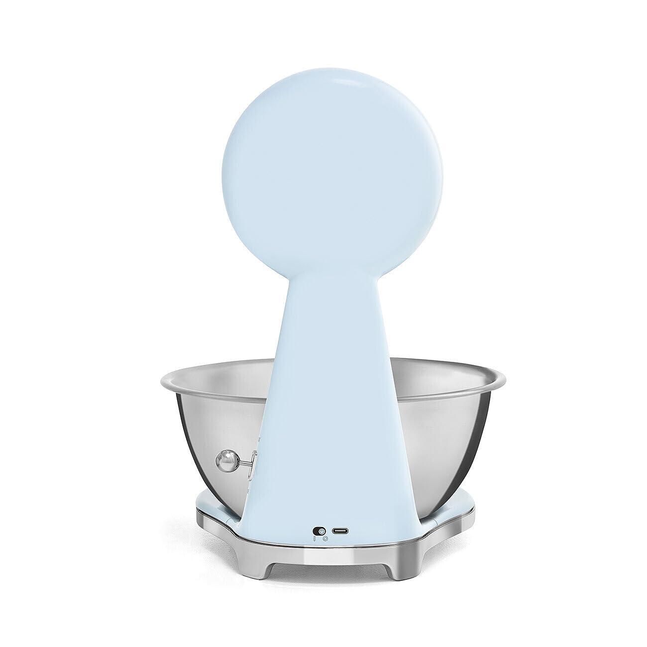 imageSMEG RetroStyle Analog ampamp Digital Kitchen Scale 11 lb Capacity Rechargeable Battery Backlit LCD Display Stainless Steel Bowl CreamPastel Blue