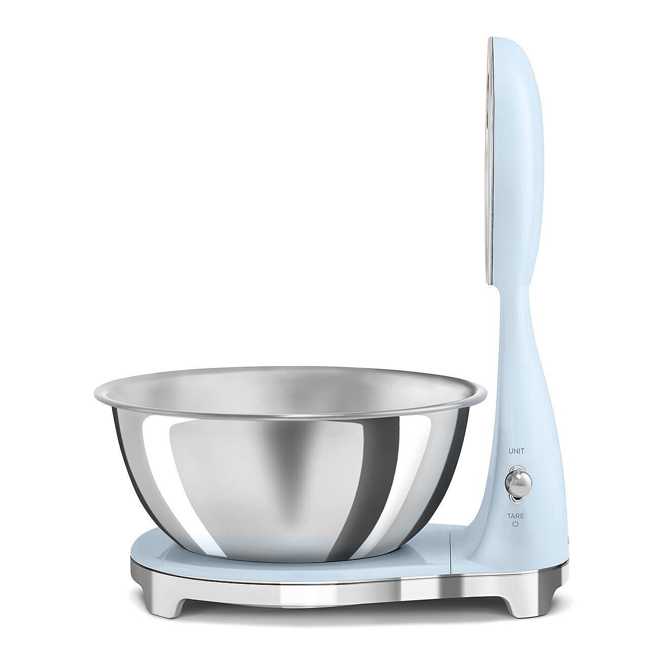 imageSMEG RetroStyle Analog ampamp Digital Kitchen Scale 11 lb Capacity Rechargeable Battery Backlit LCD Display Stainless Steel Bowl CreamPastel Blue
