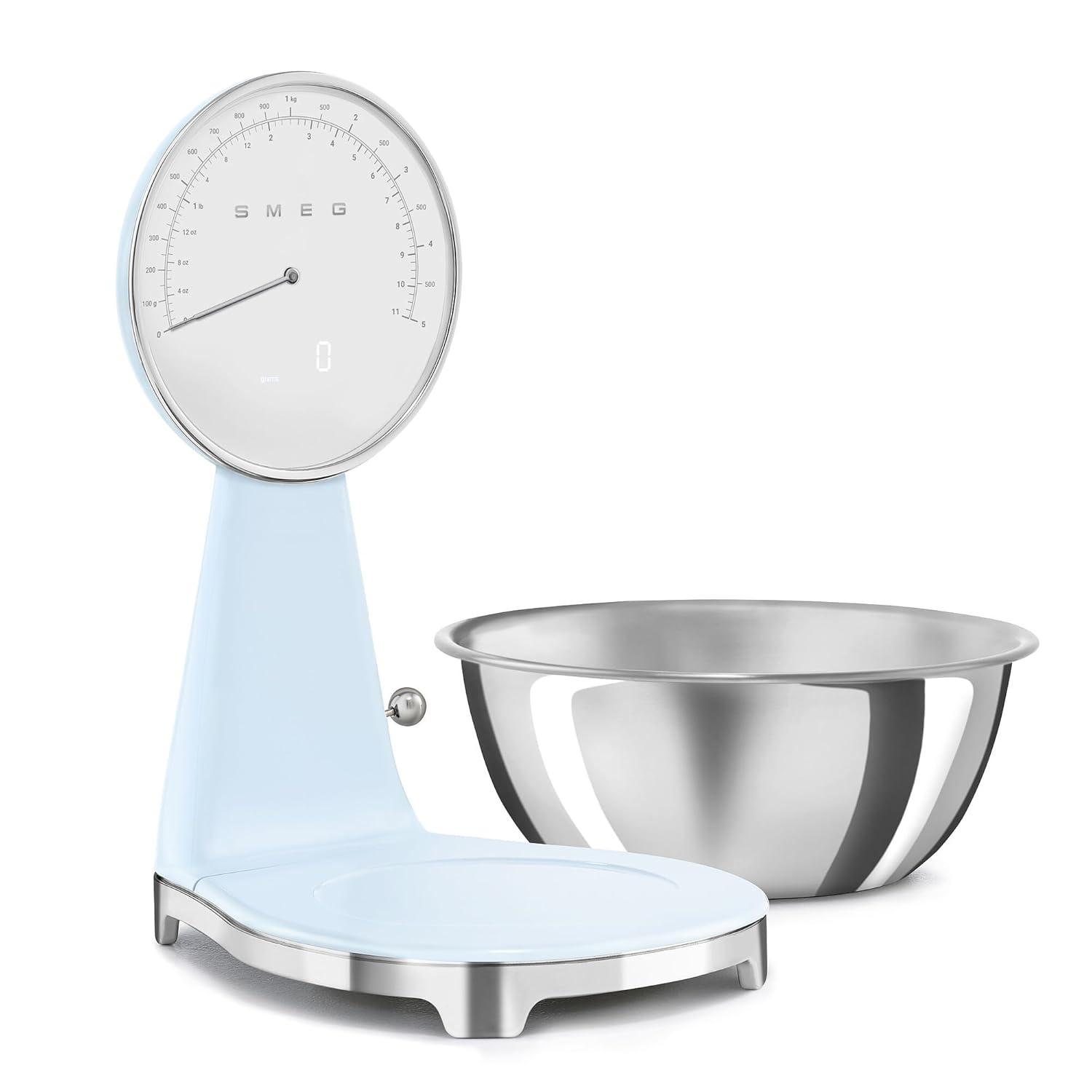 imageSMEG RetroStyle Analog ampamp Digital Kitchen Scale 11 lb Capacity Rechargeable Battery Backlit LCD Display Stainless Steel Bowl CreamPastel Blue