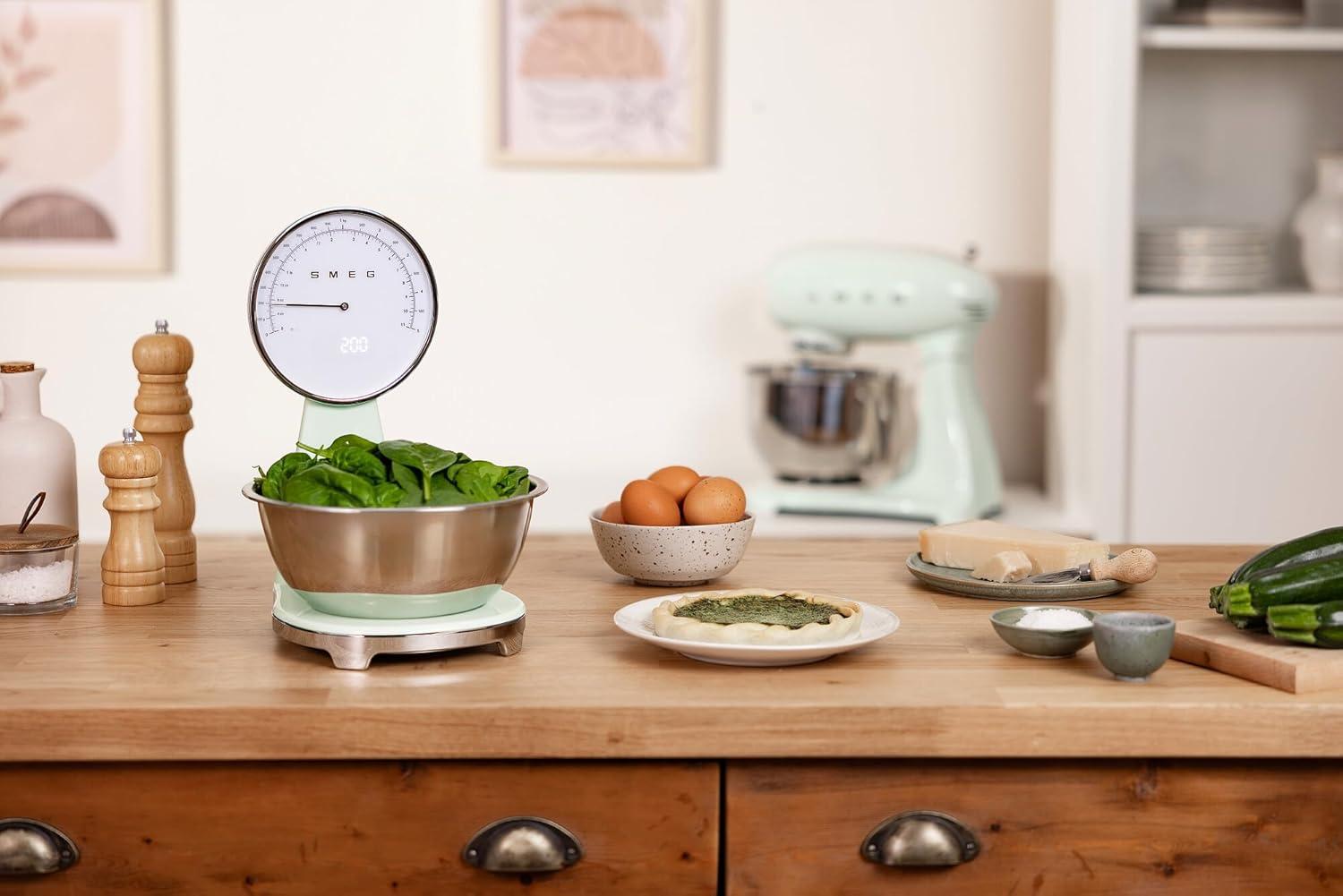 imageSMEG RetroStyle Analog ampamp Digital Kitchen Scale 11 lb Capacity Rechargeable Battery Backlit LCD Display Stainless Steel Bowl CreamPastel Green