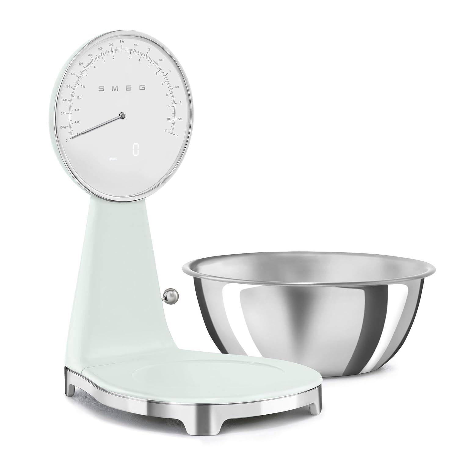 imageSMEG RetroStyle Analog ampamp Digital Kitchen Scale 11 lb Capacity Rechargeable Battery Backlit LCD Display Stainless Steel Bowl CreamPastel Green