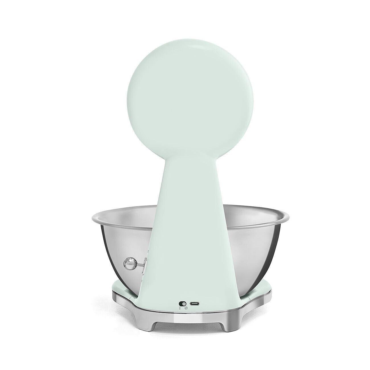 imageSMEG RetroStyle Analog ampamp Digital Kitchen Scale 11 lb Capacity Rechargeable Battery Backlit LCD Display Stainless Steel Bowl CreamPastel Green