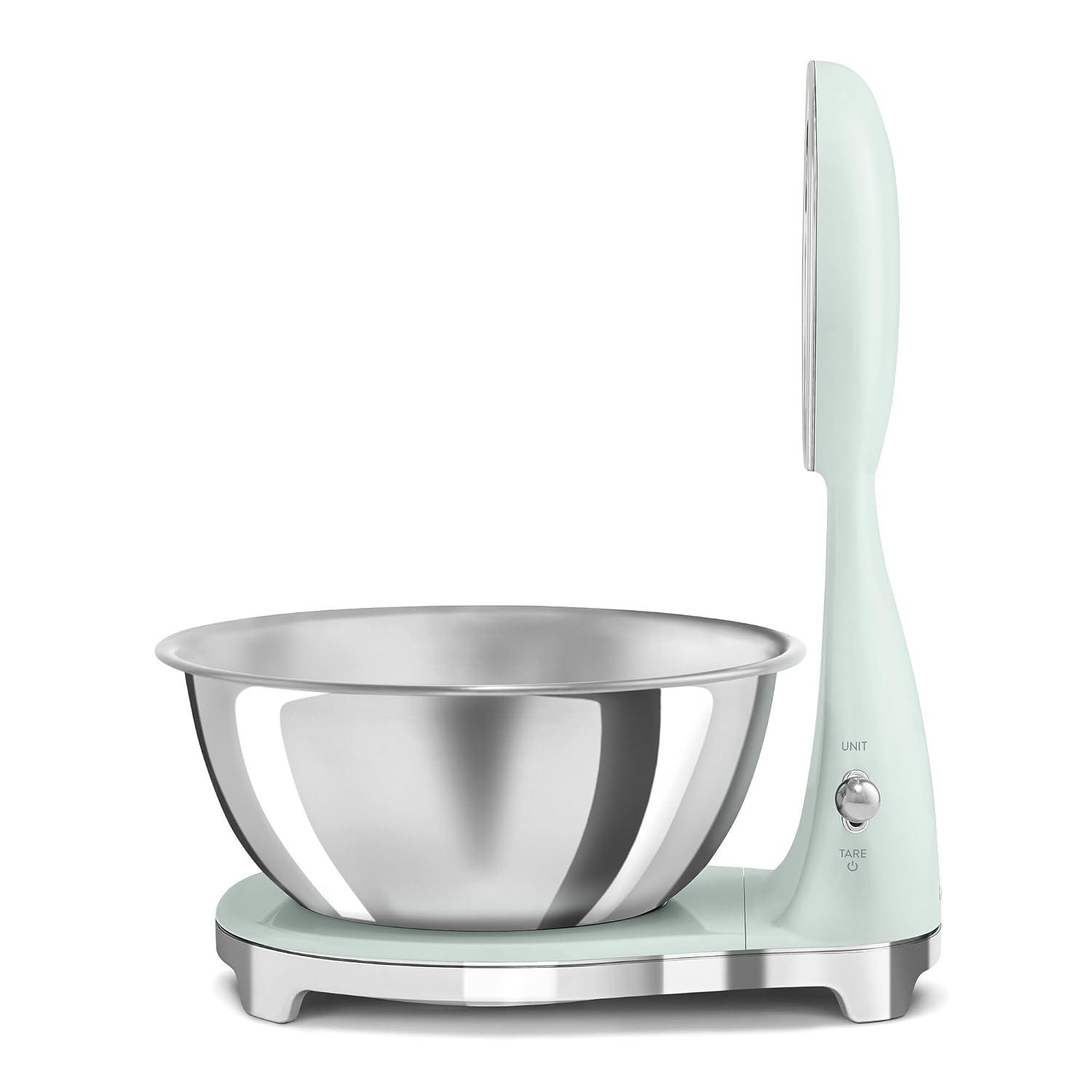 imageSMEG RetroStyle Analog ampamp Digital Kitchen Scale 11 lb Capacity Rechargeable Battery Backlit LCD Display Stainless Steel Bowl CreamPastel Green