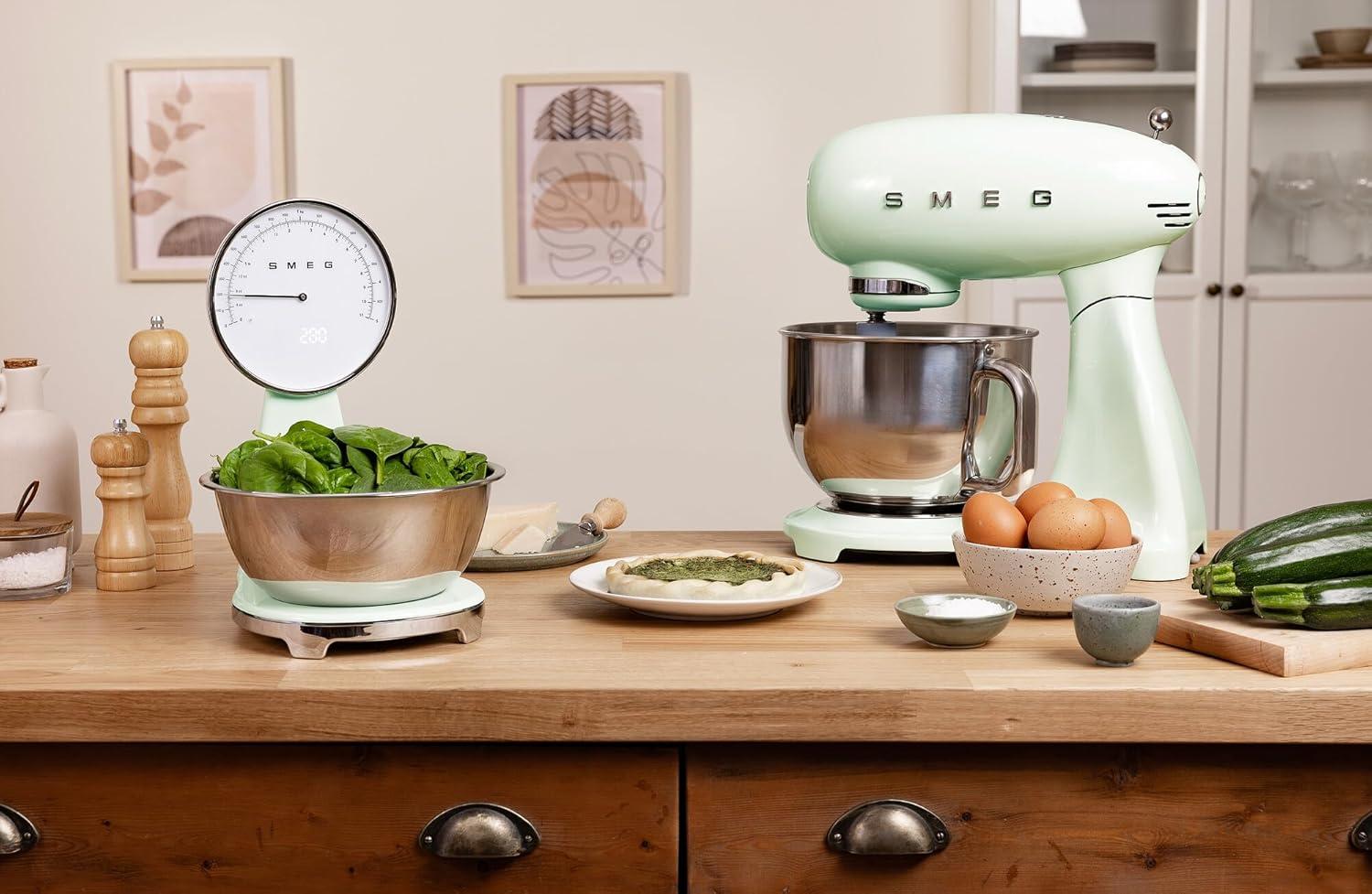 imageSMEG RetroStyle Analog ampamp Digital Kitchen Scale 11 lb Capacity Rechargeable Battery Backlit LCD Display Stainless Steel Bowl CreamPastel Green