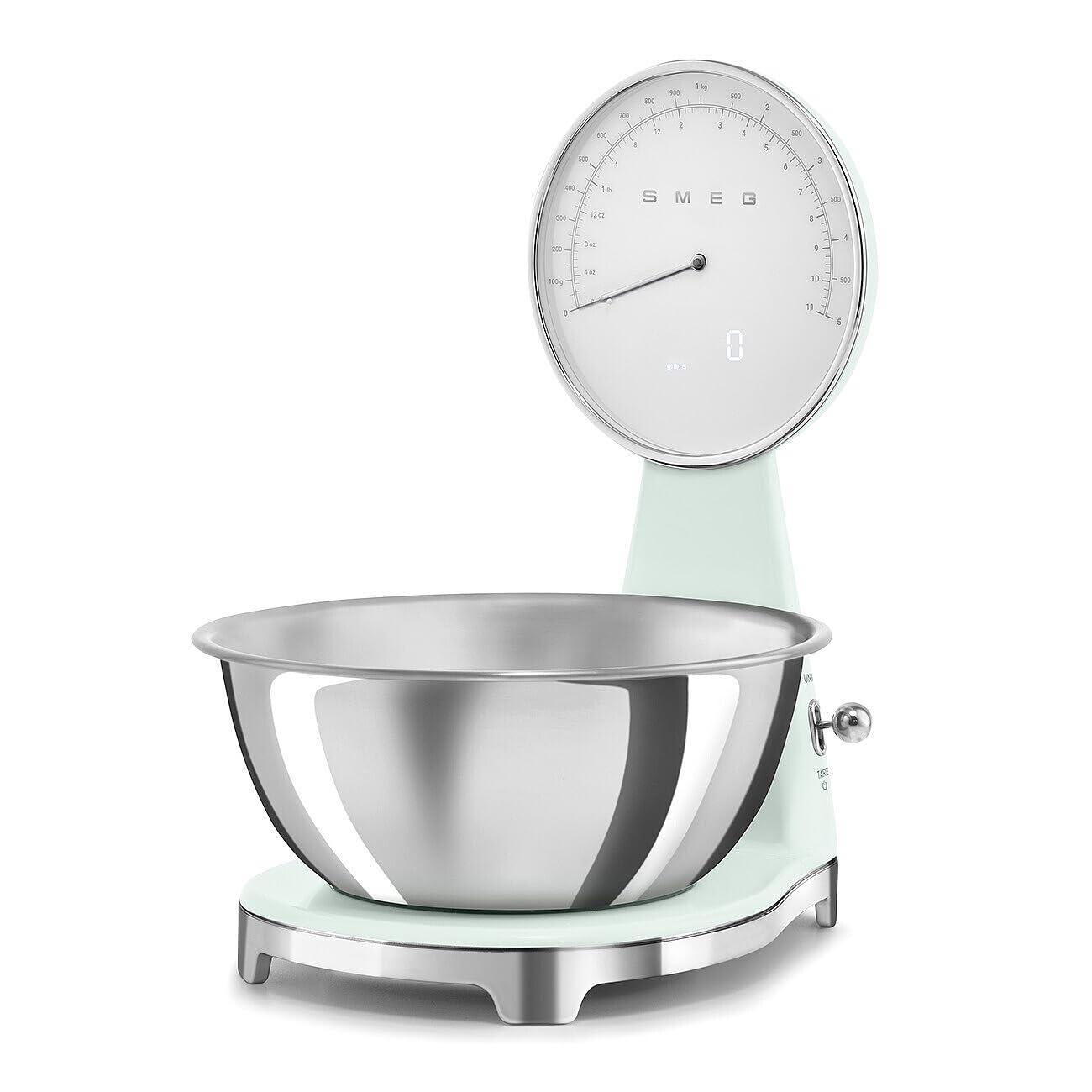 imageSMEG RetroStyle Analog ampamp Digital Kitchen Scale 11 lb Capacity Rechargeable Battery Backlit LCD Display Stainless Steel Bowl CreamPastel Green