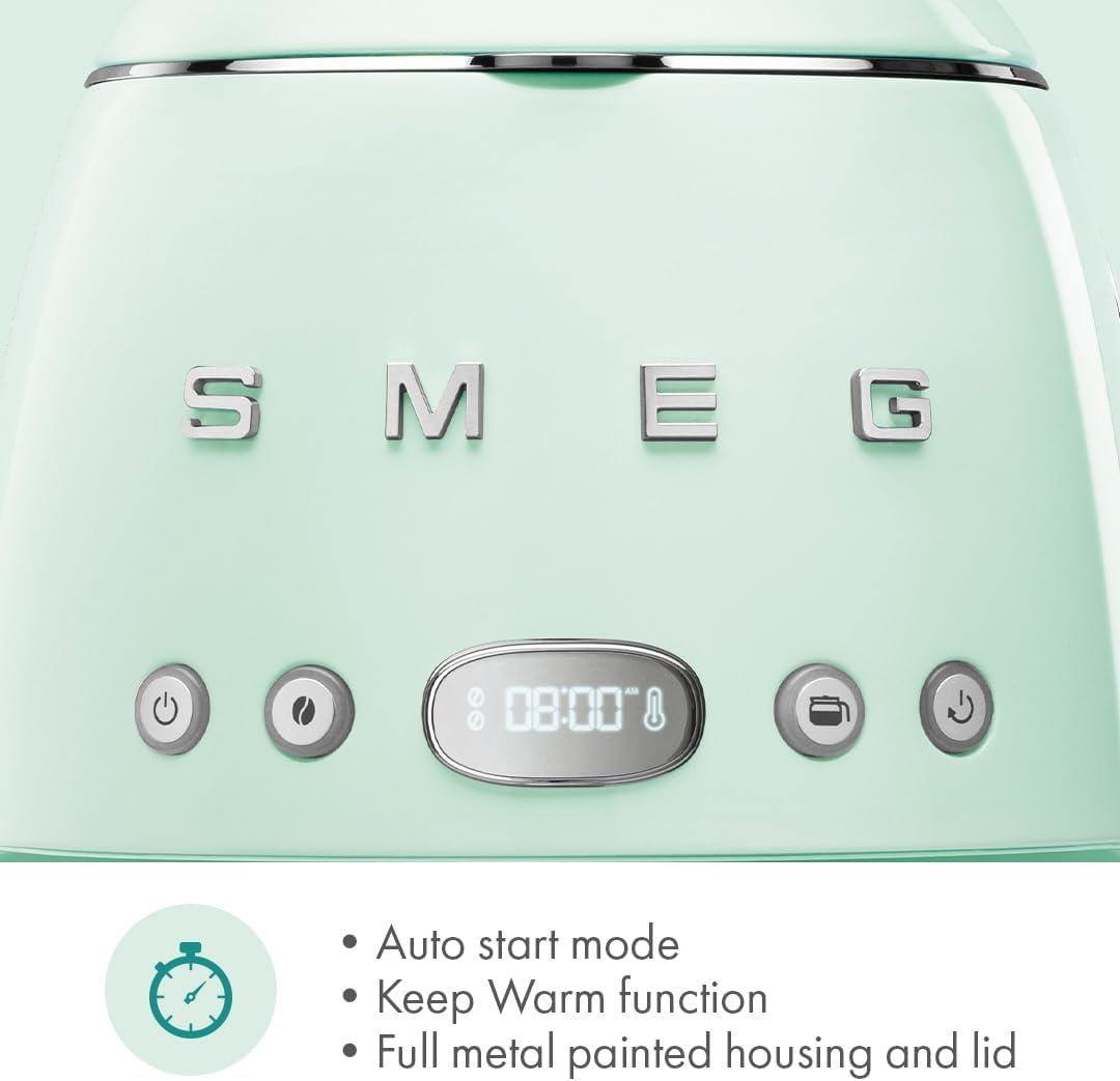 imageSmeg 50s Retro Style Aesthetic Drip Coffee Machine with 10 Cup Glass Carafe Auto Start Feature Keep Warm Plate and Two Coffee Strength Settings Pastel GreenPastel Green