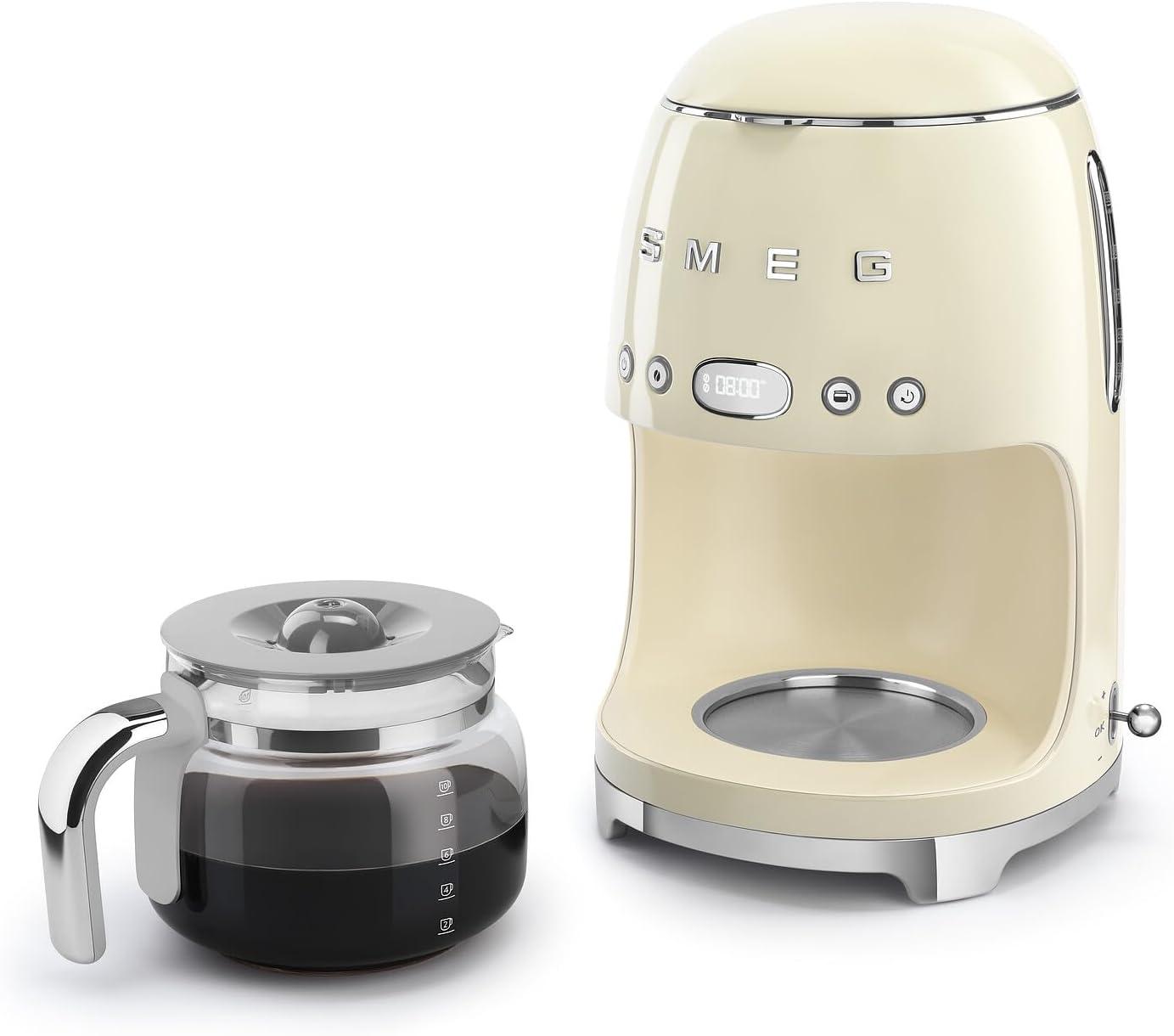 imageSmeg 50s Retro Style Aesthetic Drip Coffee Machine with 10 Cup Glass Carafe Auto Start Feature Keep Warm Plate and Two Coffee Strength Settings Pastel GreenCream