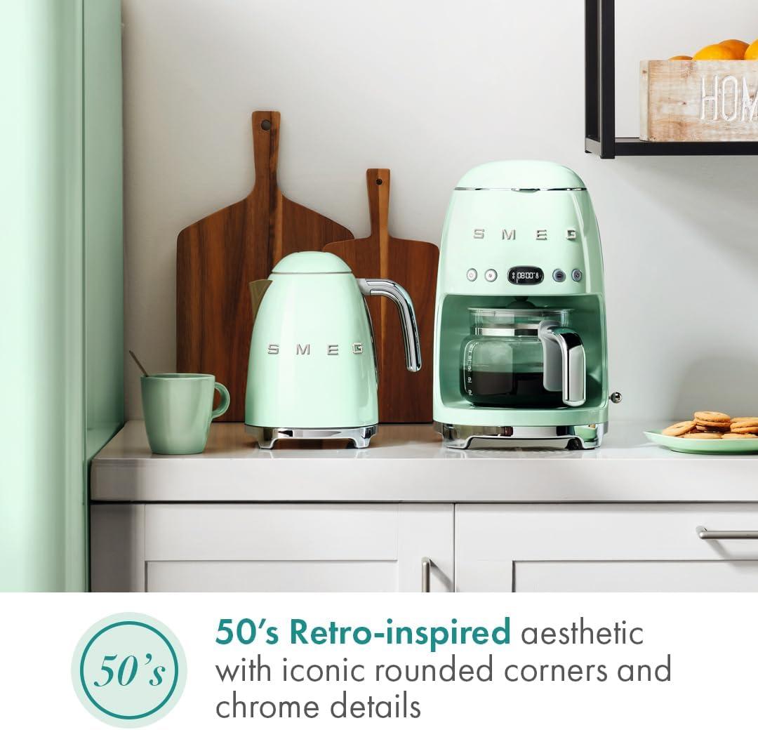 imageSmeg 50s Retro Style Aesthetic Drip Coffee Machine with 10 Cup Glass Carafe Auto Start Feature Keep Warm Plate and Two Coffee Strength Settings Pastel GreenPastel Green