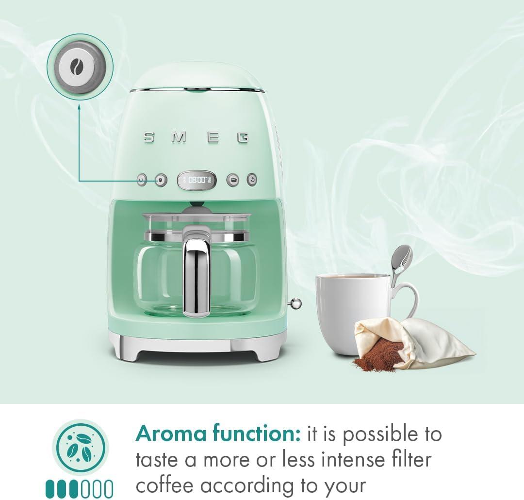imageSmeg 50s Retro Style Aesthetic Drip Coffee Machine with 10 Cup Glass Carafe Auto Start Feature Keep Warm Plate and Two Coffee Strength Settings Pastel GreenPastel Green