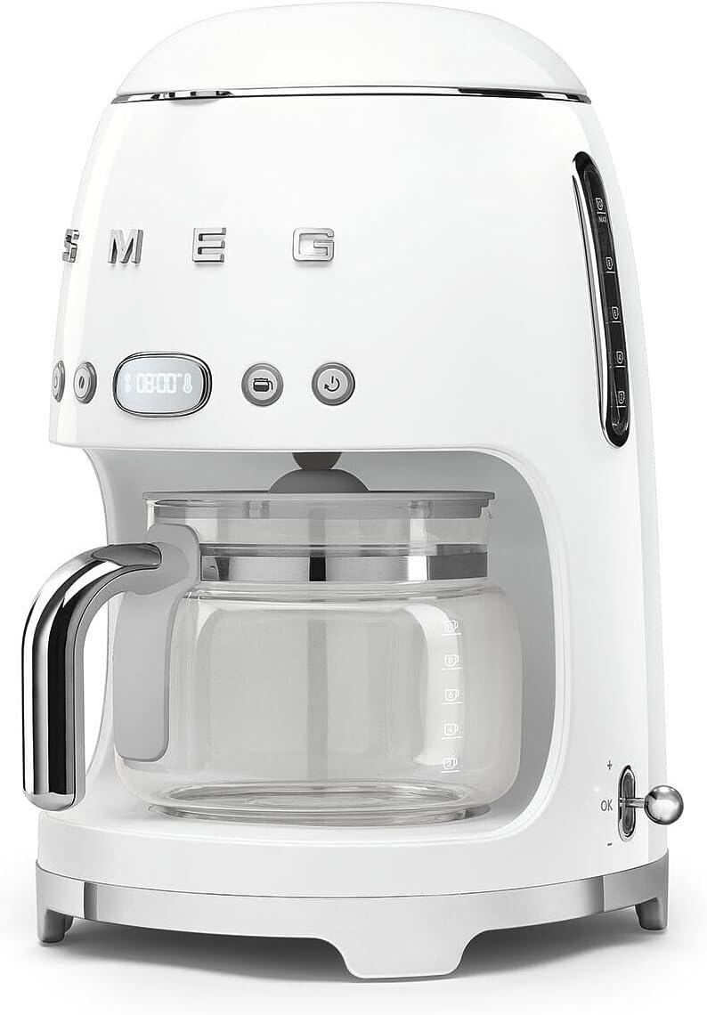 imageSmeg 50s Retro Style Aesthetic Drip Coffee Machine with 10 Cup Glass Carafe Auto Start Feature Keep Warm Plate and Two Coffee Strength Settings Pastel GreenWhite
