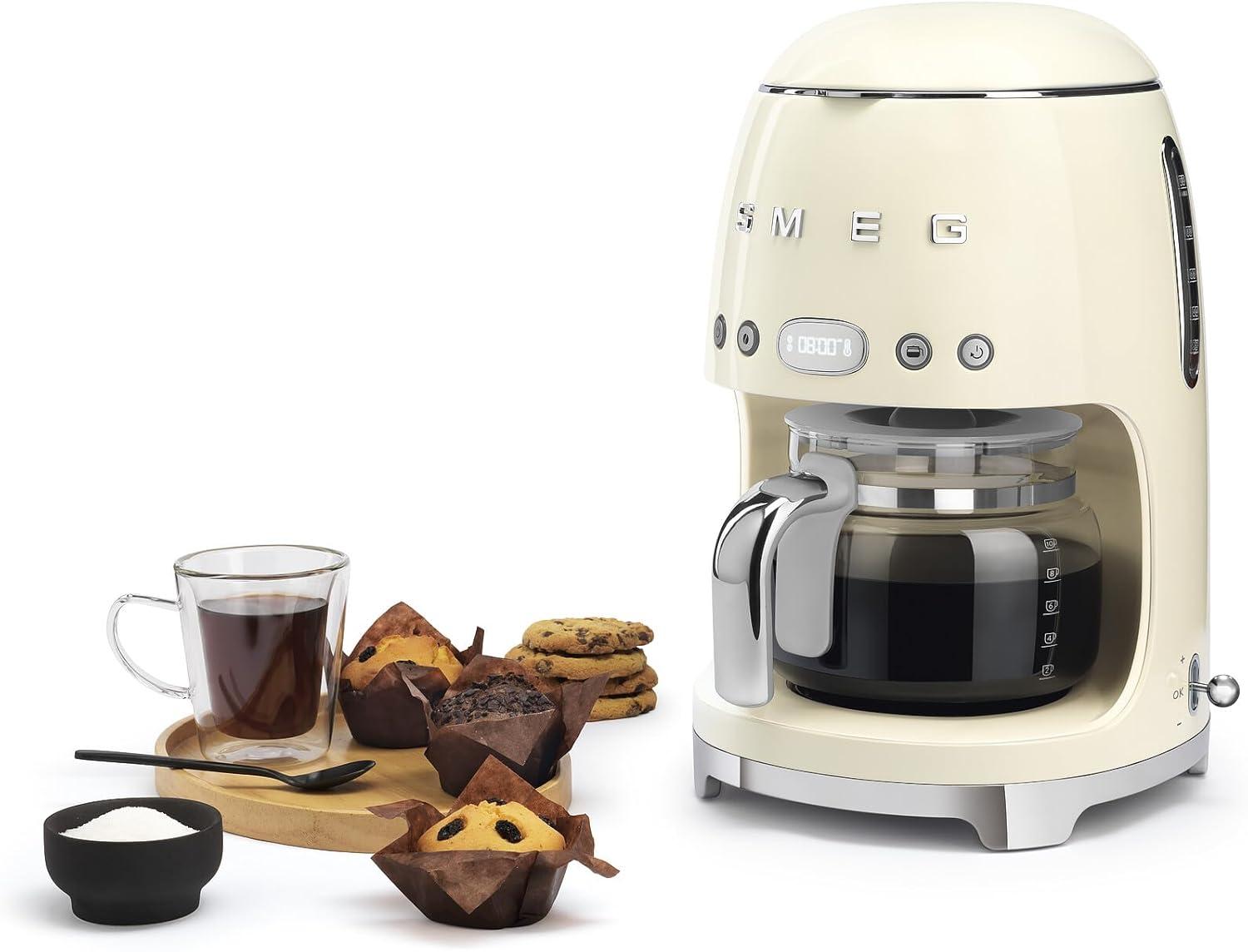 imageSmeg 50s Retro Style Aesthetic Drip Coffee Machine with 10 Cup Glass Carafe Auto Start Feature Keep Warm Plate and Two Coffee Strength Settings Pastel GreenCream
