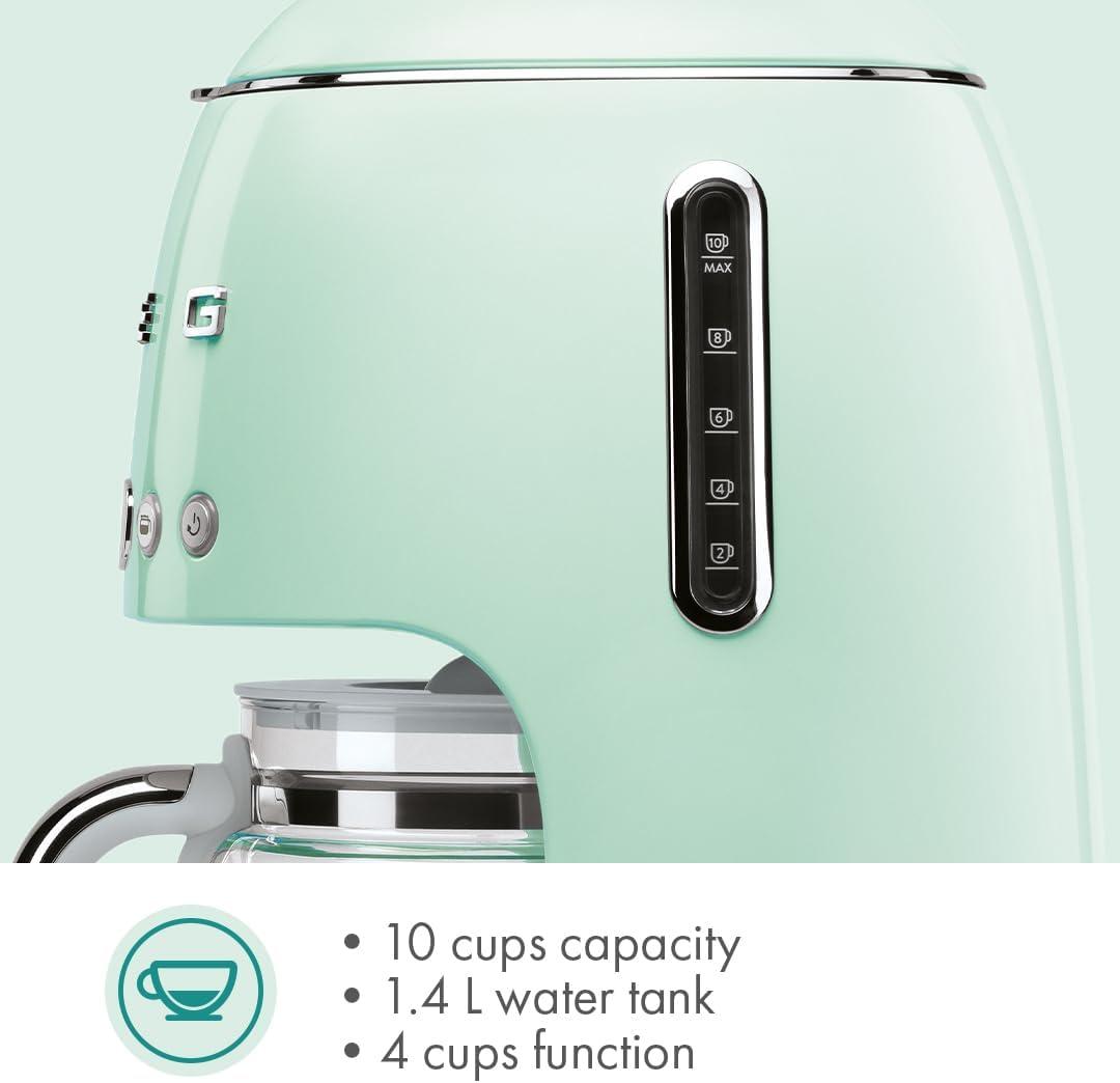imageSmeg 50s Retro Style Aesthetic Drip Coffee Machine with 10 Cup Glass Carafe Auto Start Feature Keep Warm Plate and Two Coffee Strength Settings Pastel GreenPastel Green