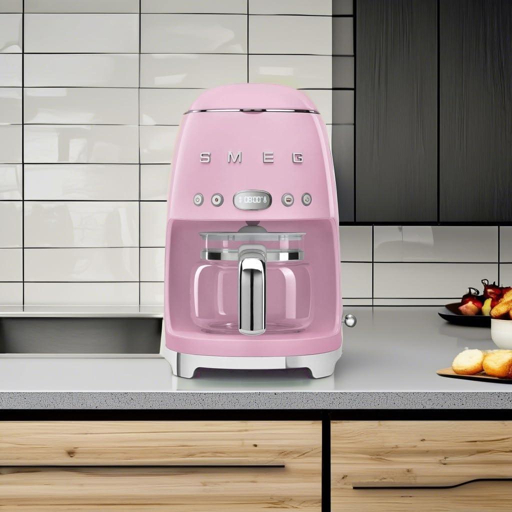 imageSmeg 50s Retro Style Aesthetic Drip Coffee Machine with 10 Cup Glass Carafe Auto Start Feature Keep Warm Plate and Two Coffee Strength Settings Pastel GreenPink