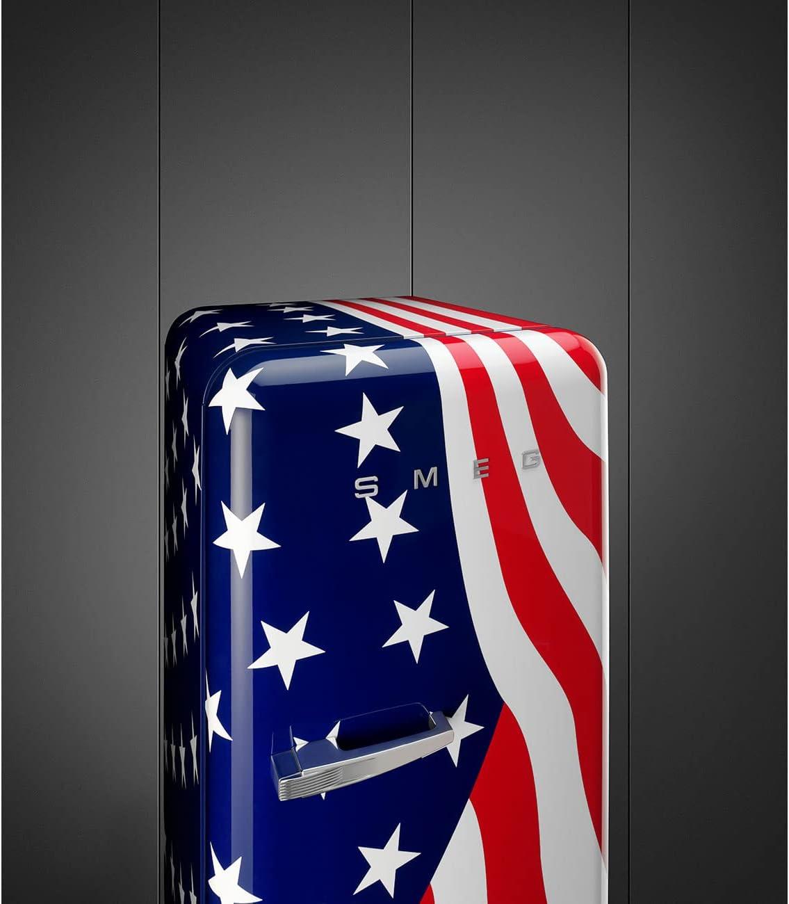 imageSmeg FAB28 50s Retro Style Aesthetic Top Freezer Refrigerator with 993 Cu Total Capacity Multiflow Cooling System Adjustable Glass Shelves 24Inches American Flag Right Hand Hinge Made In Italy