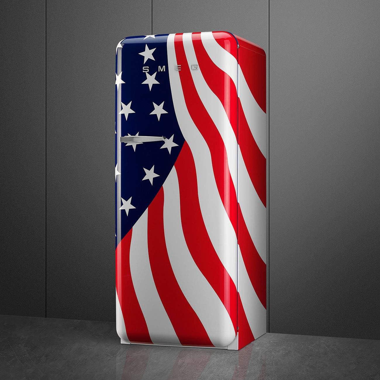 imageSmeg FAB28 50s Retro Style Aesthetic Top Freezer Refrigerator with 993 Cu Total Capacity Multiflow Cooling System Adjustable Glass Shelves 24Inches American Flag Right Hand Hinge Made In Italy