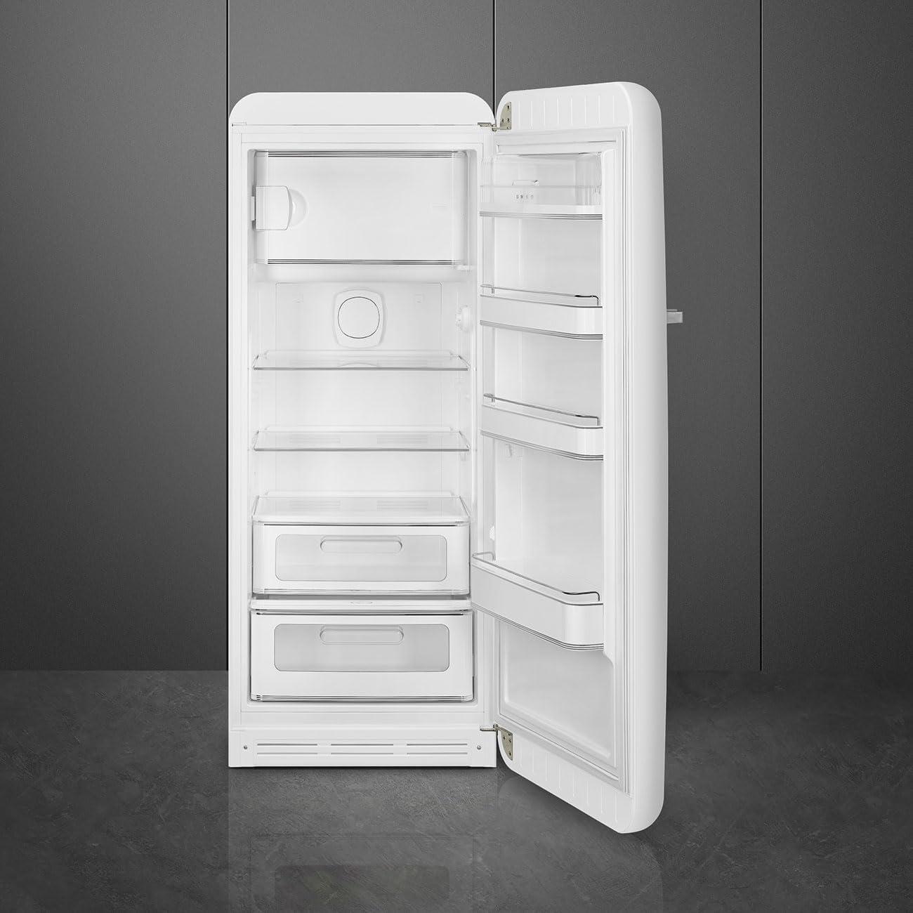 imageSmeg FAB28 50s Retro Style Aesthetic Top Freezer Refrigerator with 993 Cu Total Capacity Multiflow Cooling System Adjustable Glass Shelves 24Inches Pastel Blue Right Hand Hinge Made In ItalyMatte White