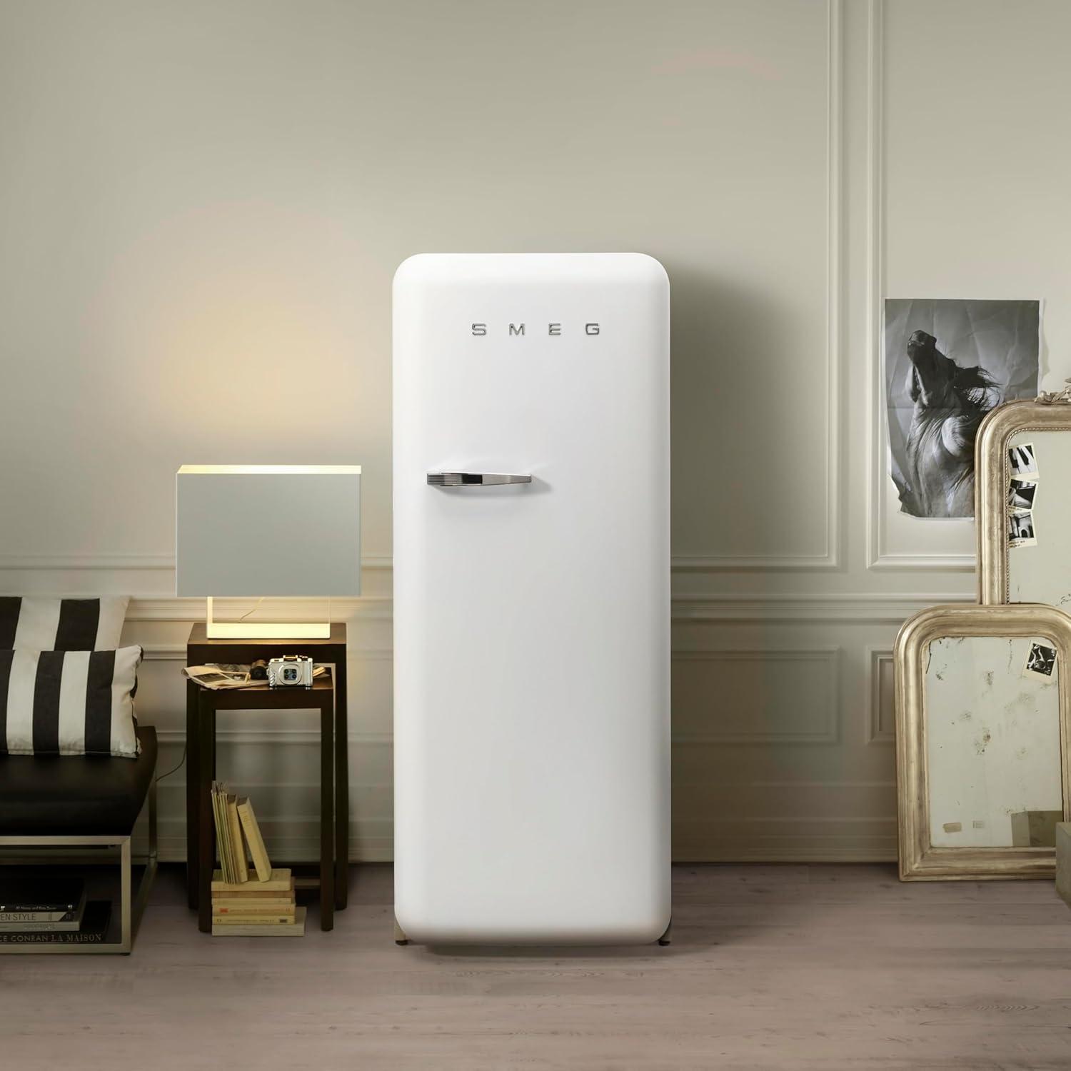 imageSmeg FAB28 50s Retro Style Aesthetic Top Freezer Refrigerator with 993 Cu Total Capacity Multiflow Cooling System Adjustable Glass Shelves 24Inches Pastel Blue Right Hand Hinge Made In ItalyMatte White