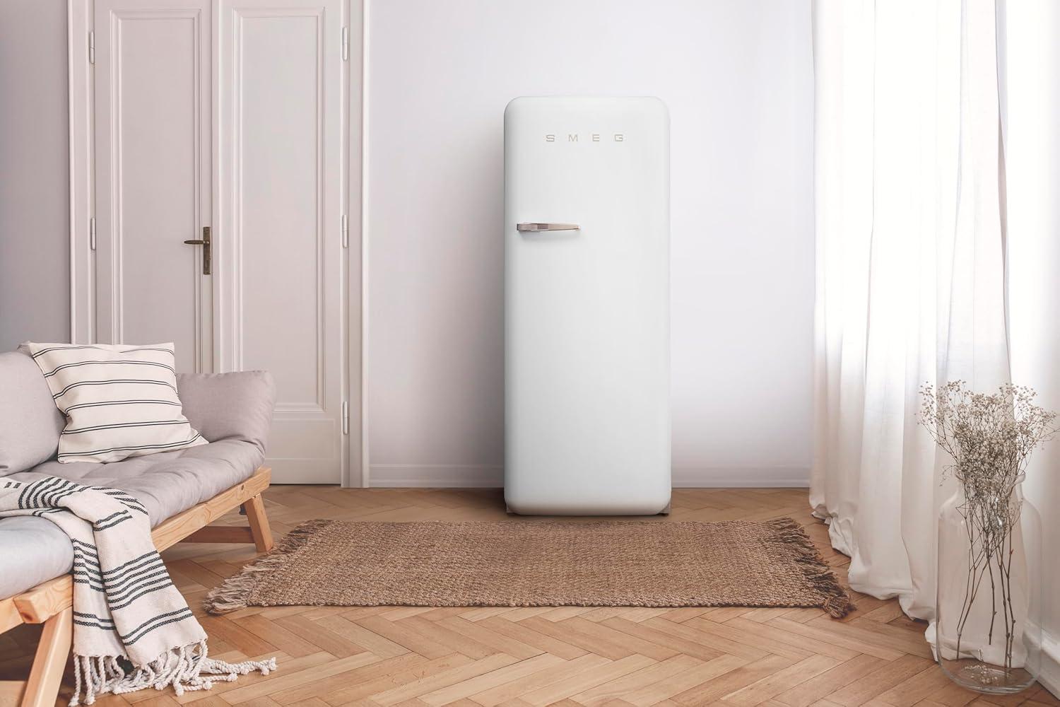 imageSmeg FAB28 50s Retro Style Aesthetic Top Freezer Refrigerator with 993 Cu Total Capacity Multiflow Cooling System Adjustable Glass Shelves 24Inches Pastel Blue Right Hand Hinge Made In ItalyMatte White
