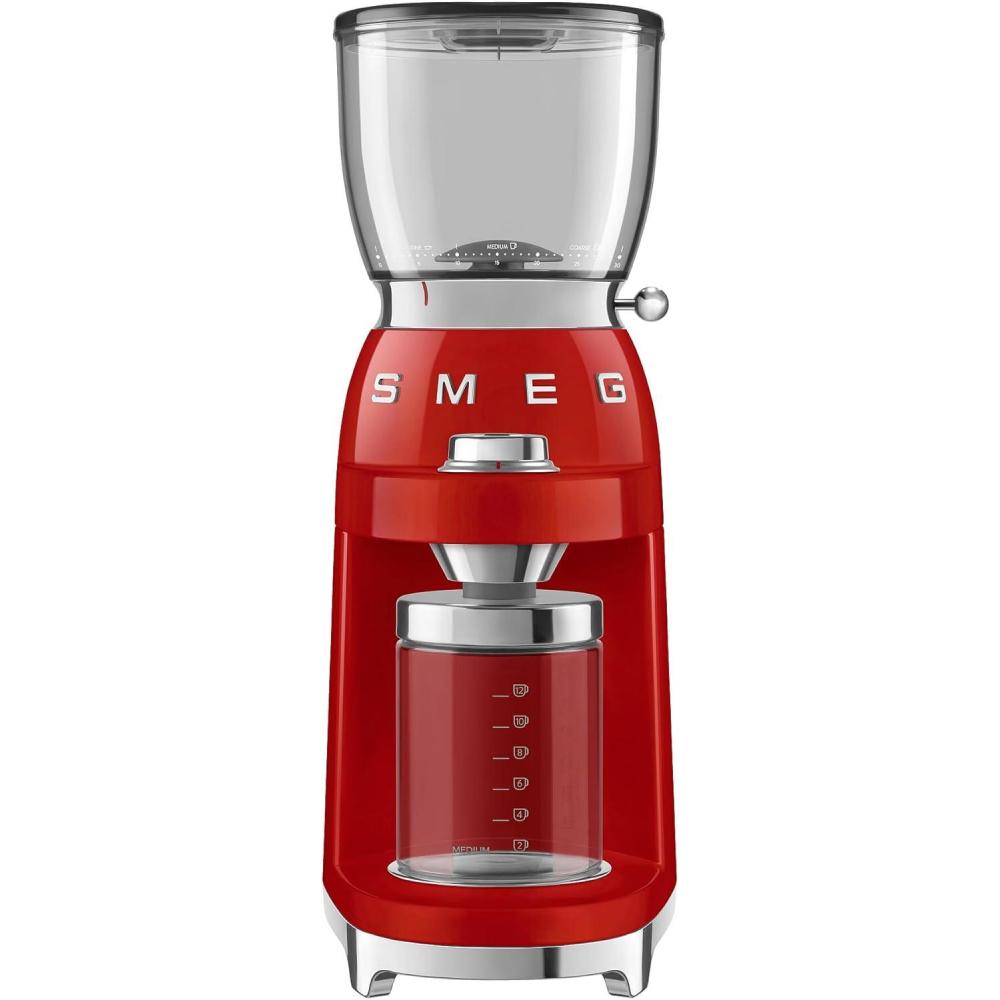 imageSMEG CGF11 RetroStyle Coffee Grinder Burr Mill with 30 Grind Settings Stainless Steel Conical Burrs Removable Hopper Precision Countertop Grinder for Espresso Drip French PressPastel GreenRed