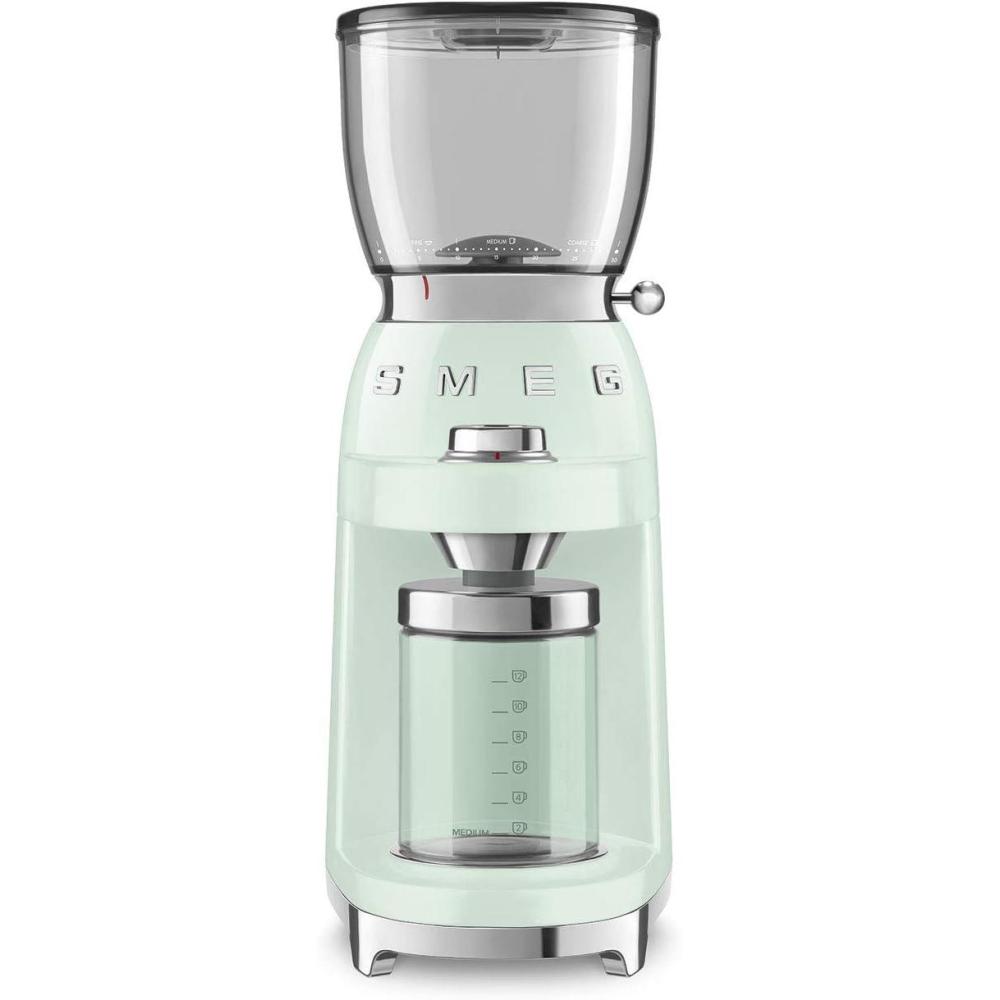 imageSMEG CGF11 RetroStyle Coffee Grinder Burr Mill with 30 Grind Settings Stainless Steel Conical Burrs Removable Hopper Precision Countertop Grinder for Espresso Drip French PressWhitePastel Green