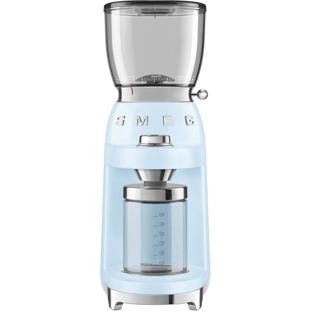imageSMEG CGF11 RetroStyle Coffee Grinder Burr Mill with 30 Grind Settings Stainless Steel Conical Burrs Removable Hopper Precision Countertop Grinder for Espresso Drip French PressPastel GreenPastel Blue