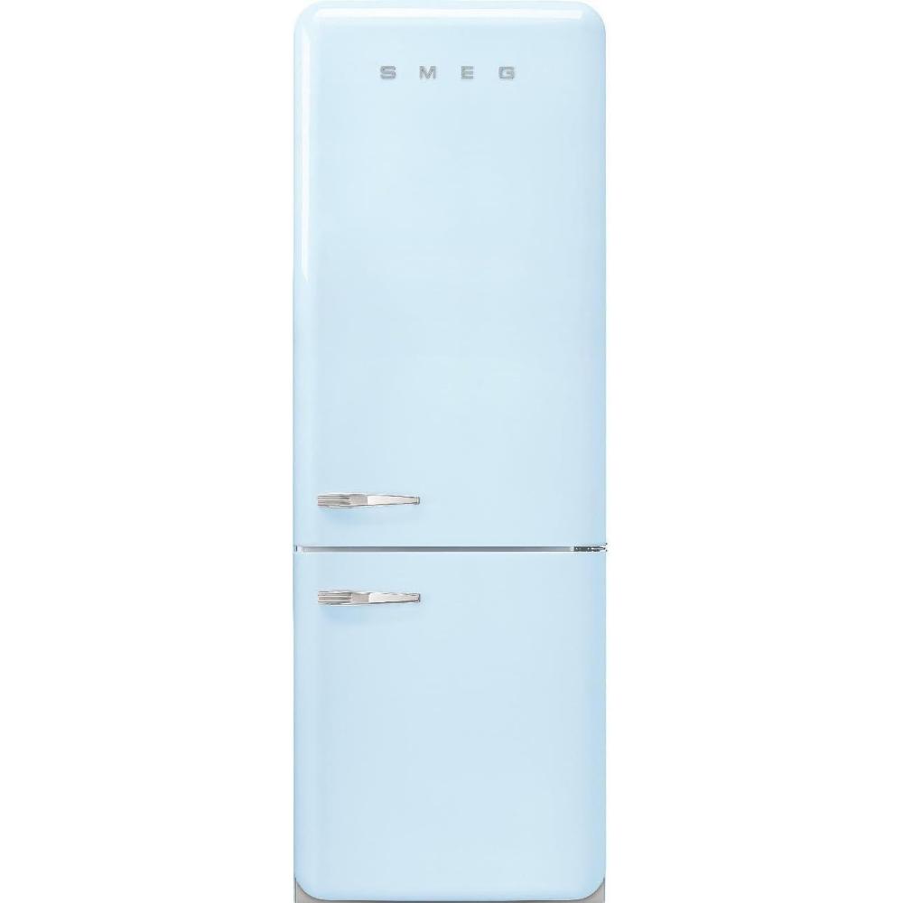 imageSMEG FAB38 Retro Style Refrigerator with Bottom Freezer Made in Italy Multiflow Cooling LED Lighting Glossy Finish 3 Adjustable Glass Shelves WhitePastel Blue