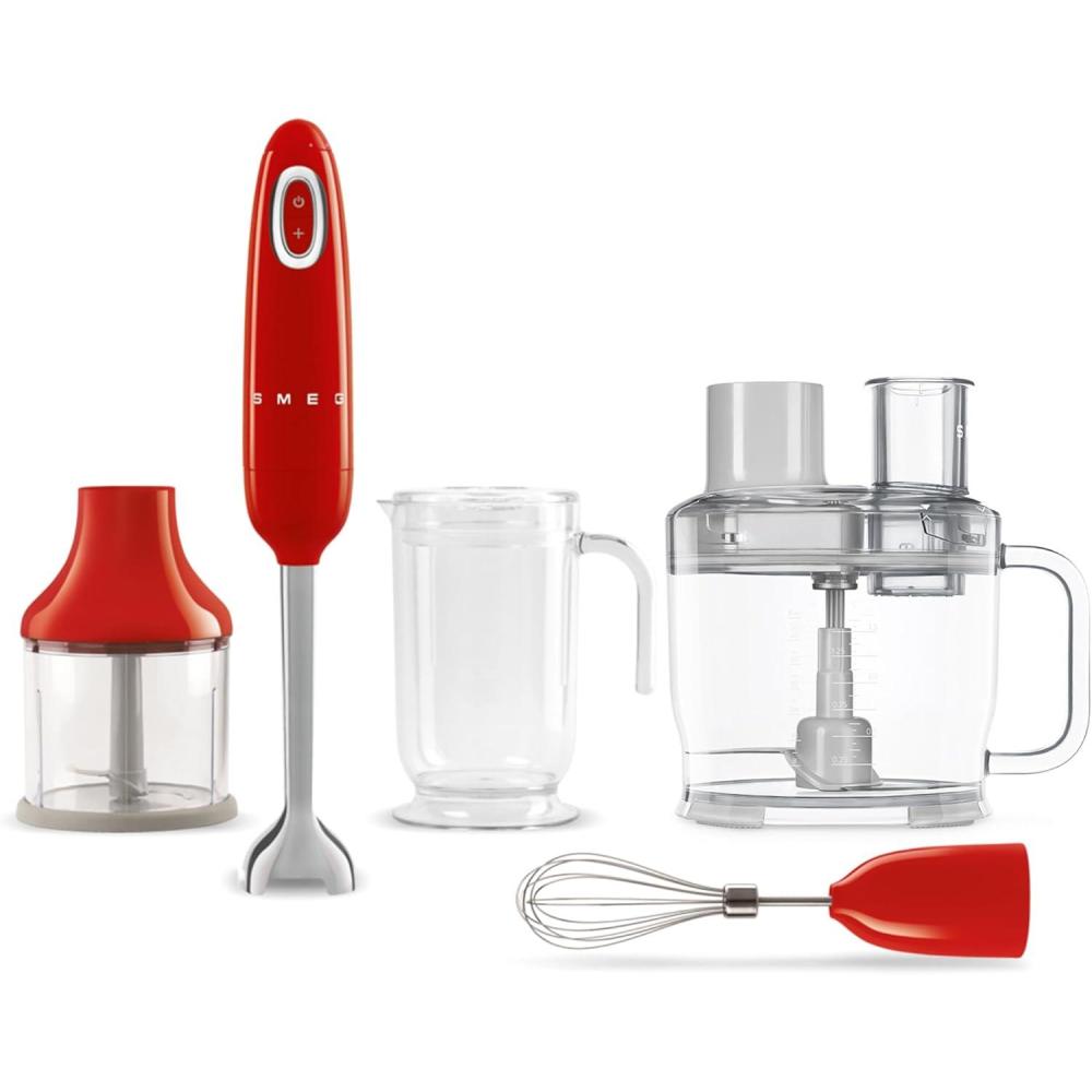 imageSMEG Hand Blender ampamp Food Processor Bundle HBF03 with HBFP11 Attachment Retro Style 350W Motor Variable Speed Tritan Renew Bowl 5in1 Functionality Pastel BlueRed