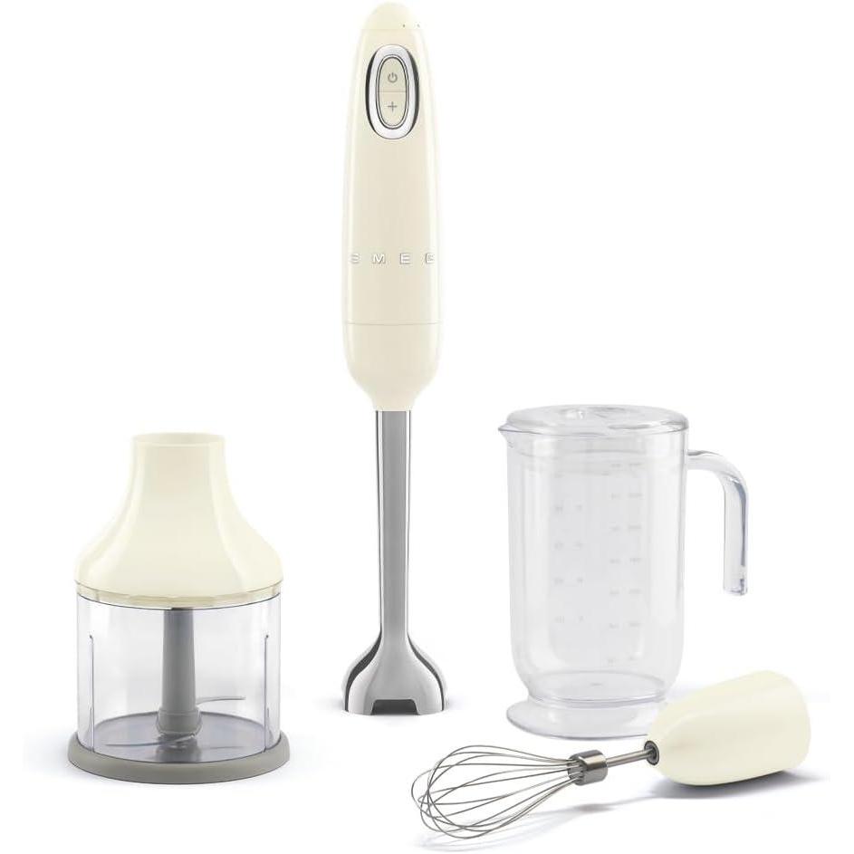 imageSMEG Handheld Immersion Blender with Beaker Chopping Bowl wLid Wire Whisk 5 Speed Controls made with Stainless Steel Blades and Ergonomic Design BlackCream
