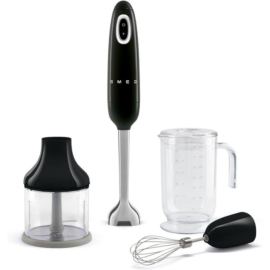 imageSMEG Handheld Immersion Blender with Beaker Chopping Bowl wLid Wire Whisk 5 Speed Controls made with Stainless Steel Blades and Ergonomic Design BlackBlack