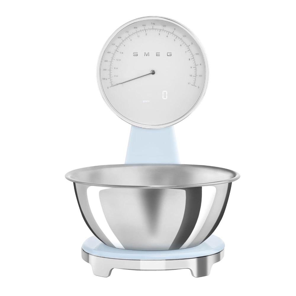 imageSMEG RetroStyle Analog ampamp Digital Kitchen Scale 11 lb Capacity Rechargeable Battery Backlit LCD Display Stainless Steel Bowl BlackPastel Blue