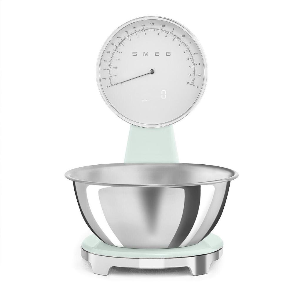 imageSMEG RetroStyle Analog ampamp Digital Kitchen Scale 11 lb Capacity Rechargeable Battery Backlit LCD Display Stainless Steel Bowl BlackPastel Green