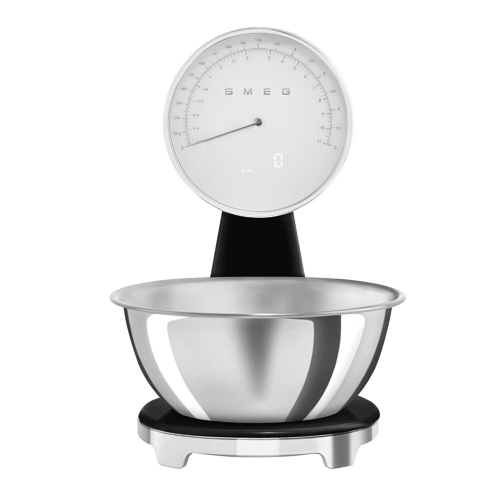 imageSMEG RetroStyle Analog ampamp Digital Kitchen Scale 11 lb Capacity Rechargeable Battery Backlit LCD Display Stainless Steel Bowl CreamBlack