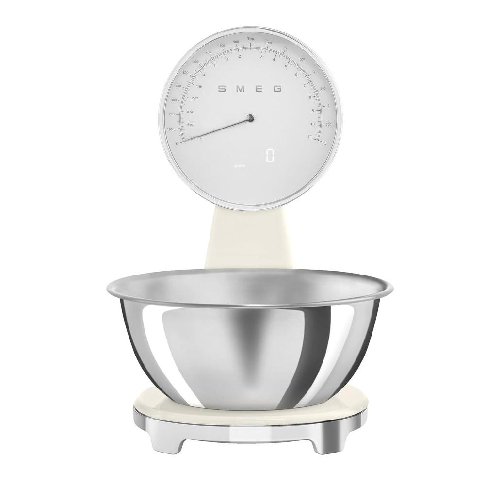 imageSMEG RetroStyle Analog ampamp Digital Kitchen Scale 11 lb Capacity Rechargeable Battery Backlit LCD Display Stainless Steel Bowl WhiteCream
