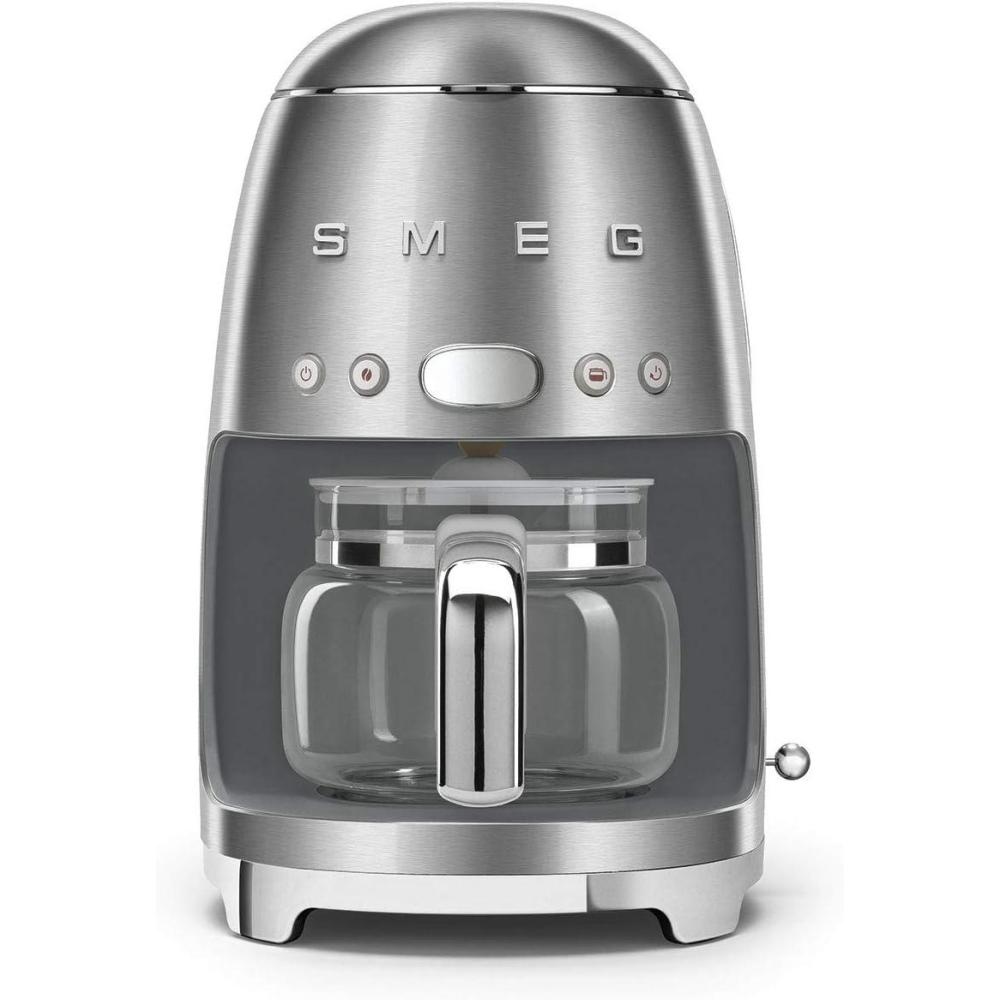 imageSmeg 50s Retro Style Aesthetic Drip Coffee Machine with 10 Cup Glass Carafe Auto Start Feature Keep Warm Plate and Two Coffee Strength Settings BlackBrushed Stainless Steel