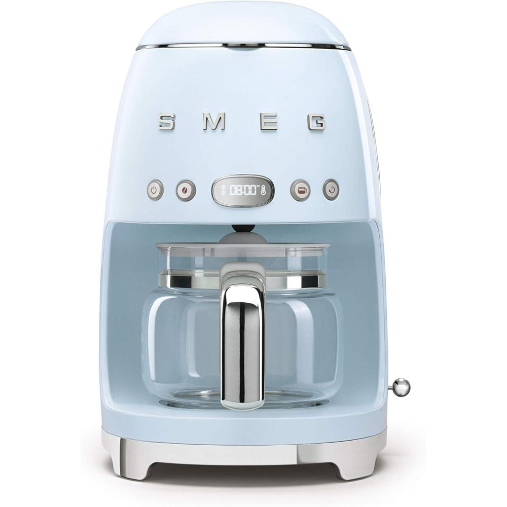 imageSmeg 50s Retro Style Aesthetic Drip Coffee Machine with 10 Cup Glass Carafe Auto Start Feature Keep Warm Plate and Two Coffee Strength Settings BlackPastel Blue