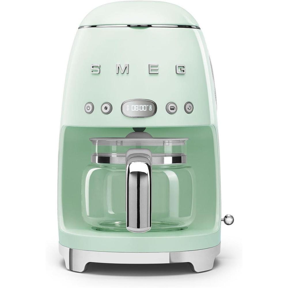 imageSmeg 50s Retro Style Aesthetic Drip Coffee Machine with 10 Cup Glass Carafe Auto Start Feature Keep Warm Plate and Two Coffee Strength Settings BlackPastel Green