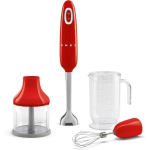 SMEG Handheld Immersion Blender with Beaker, Chopping Bowl w/Lid, Wire Whisk, 5 Speed Controls, made with Stainless Steel Blades and Ergonomic Design (Black)(Red)