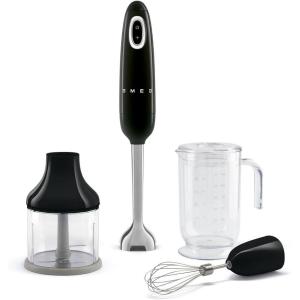 SMEG Handheld Immersion Blender with Beaker, Chopping Bowl w/Lid, Wire Whisk, 5 Speed Controls, made with Stainless Steel Blades and Ergonomic Design (Black)(Black)