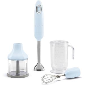 SMEG Handheld Immersion Blender with Beaker, Chopping Bowl w/Lid, Wire Whisk, 5 Speed Controls, made with Stainless Steel Blades and Ergonomic Design (Black)(Pastel Blue)