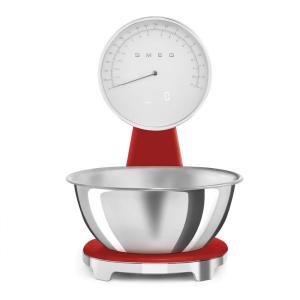 SMEG Retro-Style Analog & Digital Kitchen Scale, 11 lb Capacity, Rechargeable Battery, Backlit LCD Display, Stainless Steel Bowl (Cream)(Red)